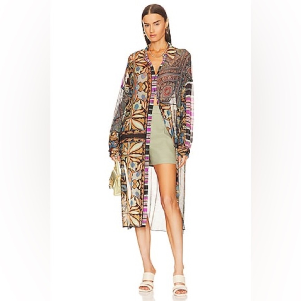 Free People Naomi Buttondown Maxi‎ Top Long Sleeve Printed SMALL Black Combo